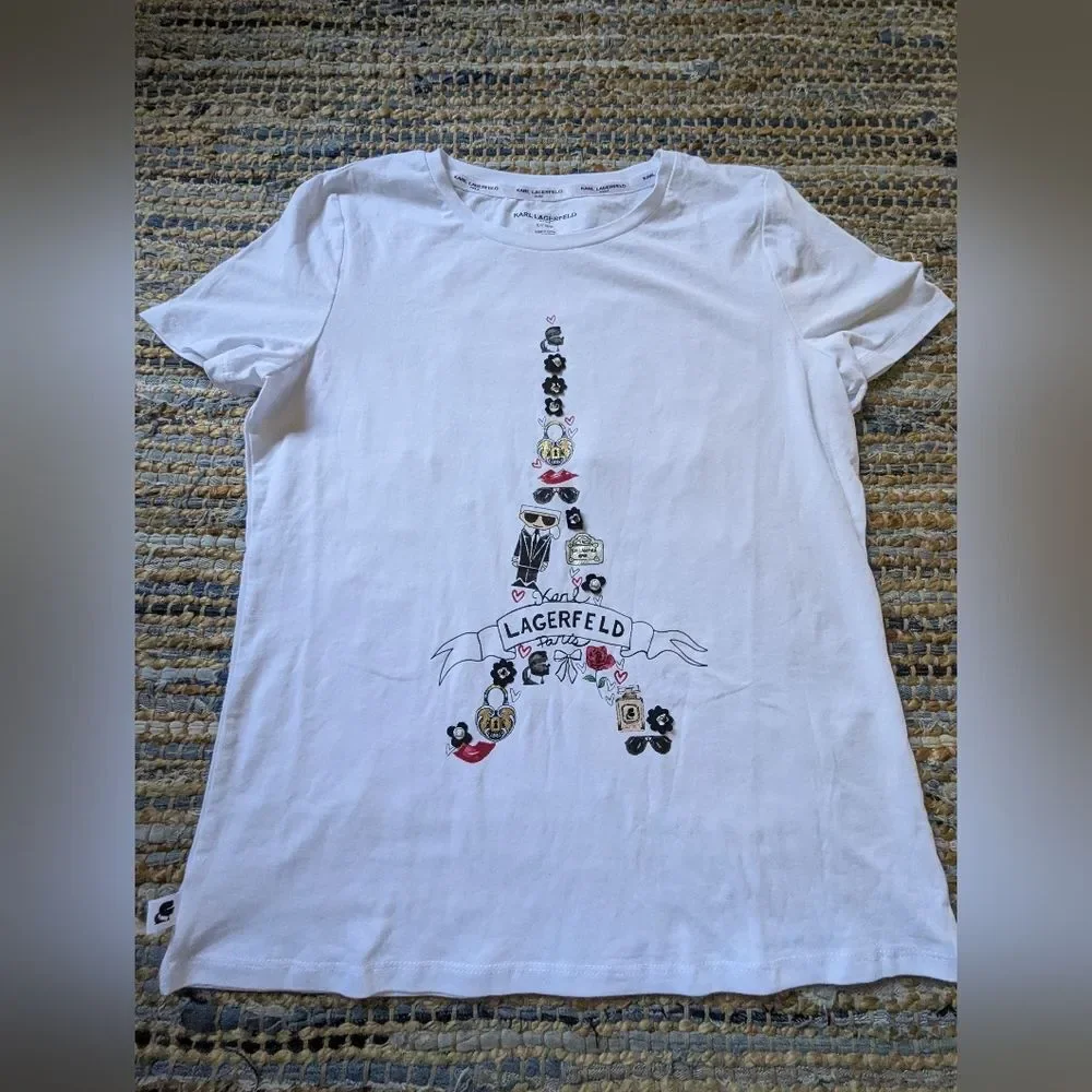 Karl Lagerfeld Paris White Graphic Tee Shirt S Eiffel Tower Iconic Parisian Chic